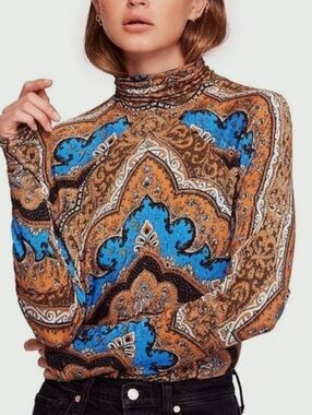 Free People Eclipse Combo Chase Me Paisley Long Sleeve Top Blouse Mock Neck M/L